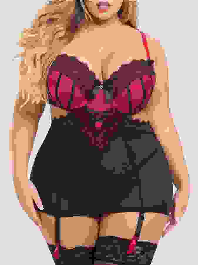 Lovehoney Plus Size Boudoir Belle Cherry Cut-Out Chemise Set, Black, hi-res